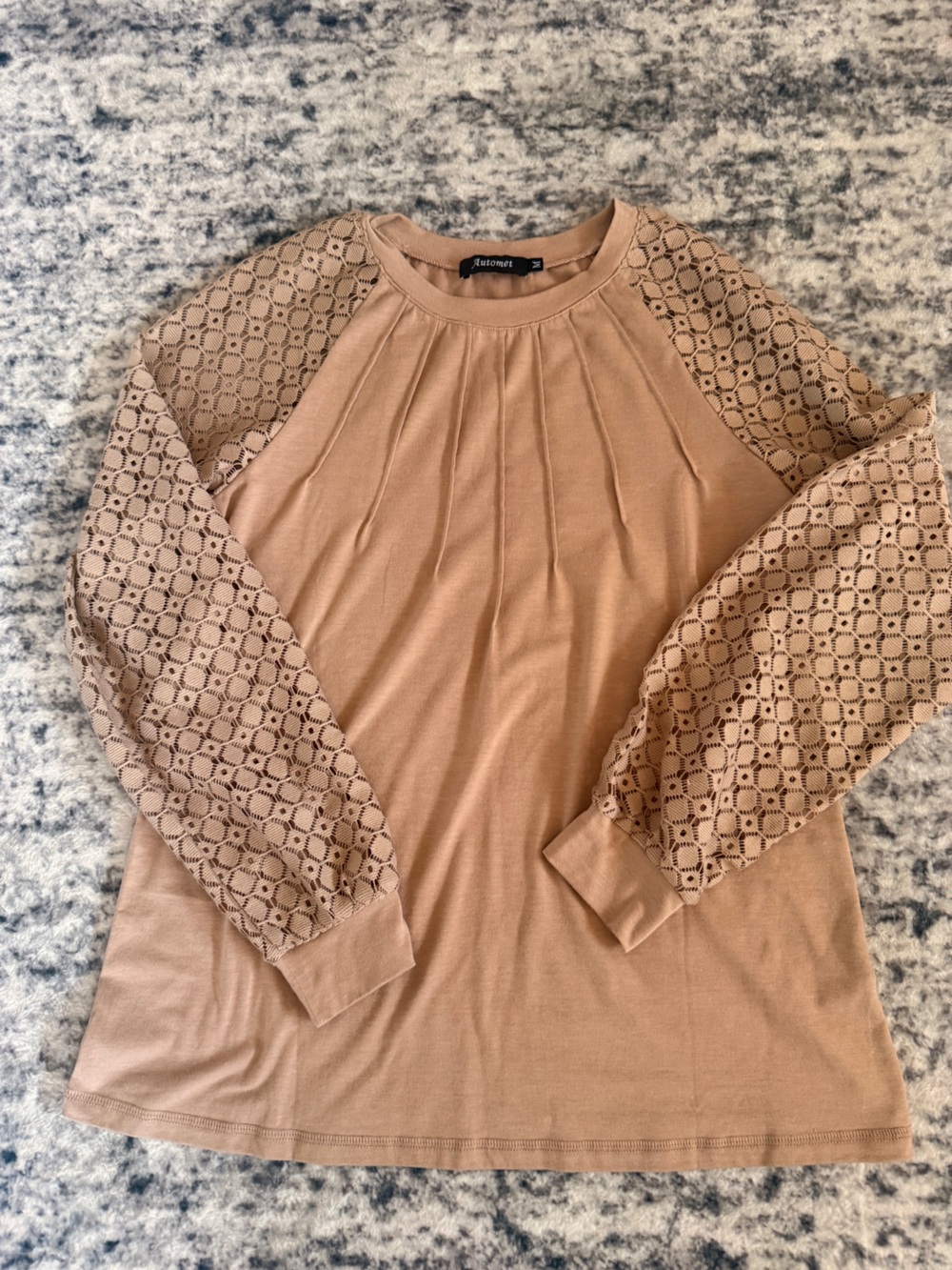 RD Style Tan Lace-Sleeve Pullover Sweatshirt